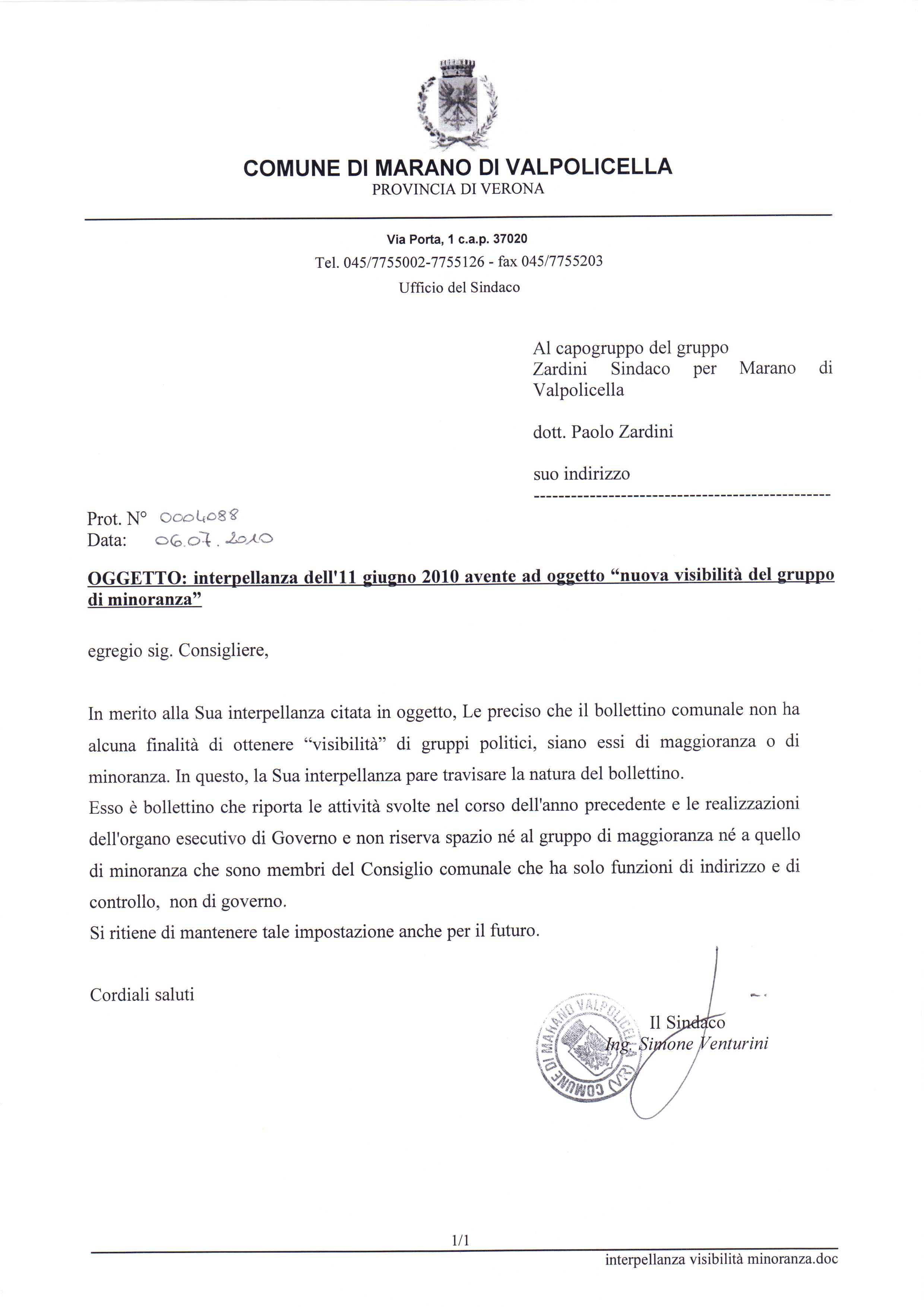 RISPOSTA DEL SINDACO